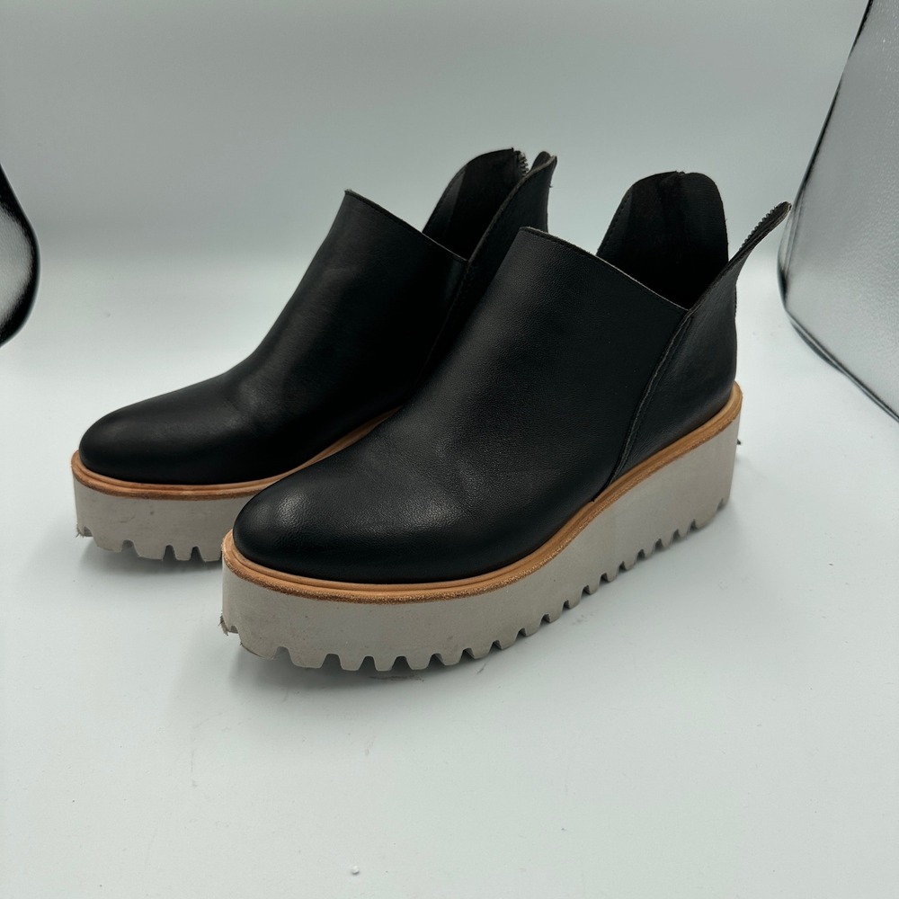 All Black Leather Platform Ankle Boots Black Grey Lug Sole Size 38